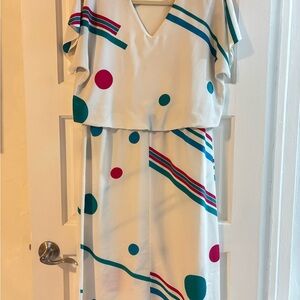 VINTAGE STUNNING 1970s 1980s white Polka Dot & Stripe Midi Dress VTG couture